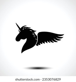 Schwarzer Einhornkopf mit Flügel Logo Design Grafik Konzept. Vektorgrafik.