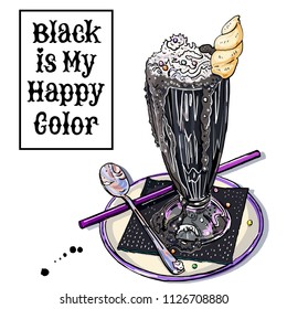 Black unicorn ice cream milk shake with hand written Black is my happy color lettering slogan. Trendy pastel goth fantasy dessert. Halloween treat. Cafe, coffee shop symbol. Inscription in frame.
