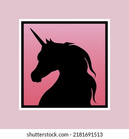 Black unicorn on the backdrop of sunset as sticker for web design. Romantic vector illustration. Dark horse with horn as sticker for design websites, applications, clothes, logos, icons or signs.