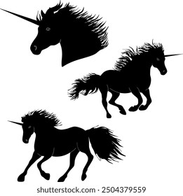 Black unicorn silhouette art of magical fantasy creature silhouette vector set