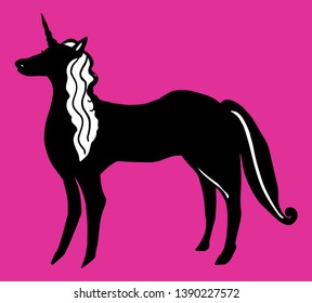 Black unicorn silhouette on colorful pink background. Fantasy horse silhouette for kids room interior, decor, decoupage, print, poster, cover. Fairy tales hero. Lovely unicorn with curly white mane