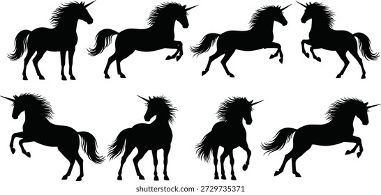 Black unicorn silhouettes set featuring fantasy horse poses, mythical creatures, elegant animal shapes for logo design isolated on white background