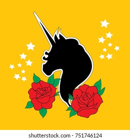black unicorn tattoo with red rose on yellow background