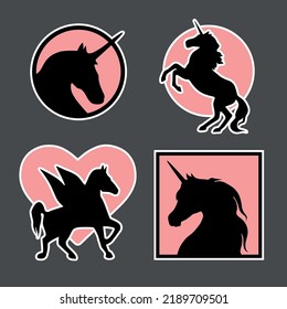 Black unicorns on the pink background are stickers set for web design. Black horses as stickers for design your logos, icons, signs, websites, clothes, applications or social network communication.