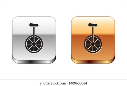 Black Unicycle or one wheel bicycle icon isolated on white background. Monowheel bicycle. Silver-gold square button. Vector Illustration