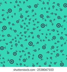 Black Unicycle or one wheel bicycle icon isolated seamless pattern on green background. Monowheel bicycle.  Vector