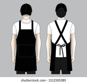 Black Uniform with Cap and Apron Design on Gray Background. Front and Back Views, Vector File.