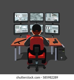 Black Uniform Watchman Or Guard Man Sitting At Security Room Monitoring Video On Many Computer Screens. CCTV Or Surveillance System Concept. Flat Style Modern Vector Illustration Isolated On White.