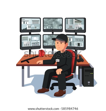 Black uniform watchman or guard man sitting at security room monitoring video on many computer screens. CCTV or surveillance system concept. Flat style modern vector illustration isolated on white.