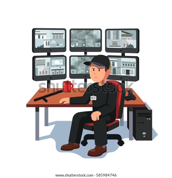Black uniform watchman or guard man sitting at\
security room monitoring video on many computer screens. CCTV or\
surveillance system concept. Flat style modern vector illustration\
isolated on white.