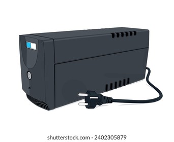 Black uninterruptible power supply. Power supply and  protection concept. Vector illustration design