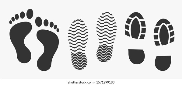 Black unique human footprints set isolated on white. Vector illustration 