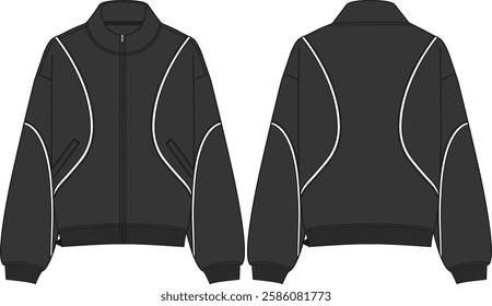 Black Unisex Oversized high collar full zip jacket with rounded cuts with white pipings on body and sleeves, dropped shoulder, welt pockets, ribbed cuff and hem, sketch front and back, vectors