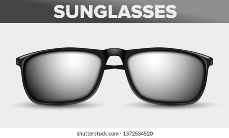 Black Unisex Sunglasses, Trendy Vector 3D Shades. Stylish Rectangle Sunglasses With Plastic Frame Isolated Clipart. Fashionable Minimalistic Men Eyewear. Accessories Realistic Illustration
