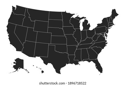 Black United States Of America map. US background template. Map of America with separated countries and interstate borders. All states and regions are named in the layer panel.