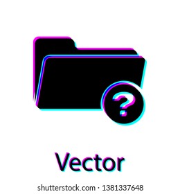 Black Unknown directory icon isolated on white background. Magnifying glass and folder. Vector Illustration