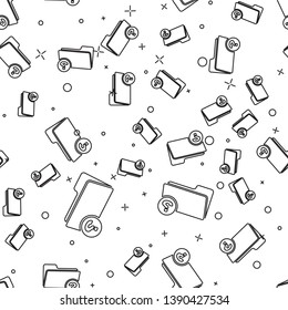 Black Unknown directory icon isolated seamless pattern on white background. Magnifying glass and folder. Vector Illustration