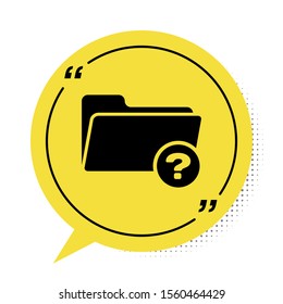 Black Unknown directory icon isolated on white background. Magnifying glass and folder. Yellow speech bubble symbol. Vector Illustration