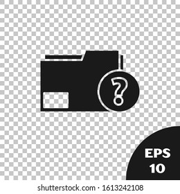 Black Unknown document folder icon isolated on transparent background. File with Question mark. Hold report, service and global search sign.  Vector Illustration