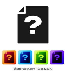 Black Unknown document icon isolated on white background. File with Question mark. Hold report, service and global search sign. Set icon in color square buttons. Vector Illustration