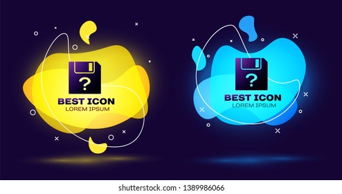 Black Unknown document icon isolated on blue background. File with Question mark. Hold report, service and global search sign. Set of liquid color abstract geometric shapes. Vector Illustration