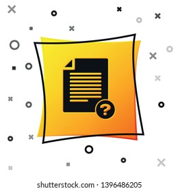 Black Unknown document icon isolated on white background. File with Question mark. Hold report, service and global search sign. Yellow square button. Vector Illustration