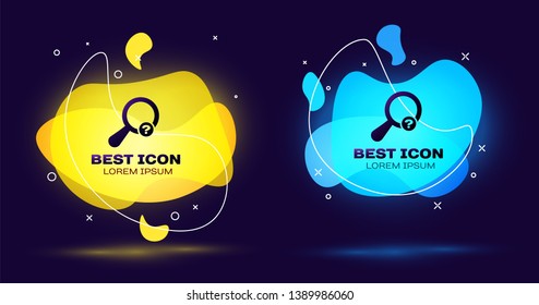 Black Unknown search icon isolated on blue background. Magnifying glass and question mark. Set of liquid color abstract geometric shapes. Vector Illustration