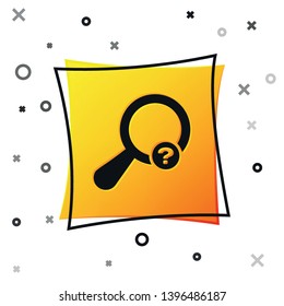 Black Unknown search icon isolated on white background. Magnifying glass and question mark. Yellow square button. Vector Illustration