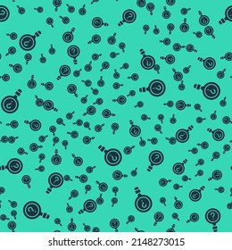 Icono de búsqueda Desconocido negro aislado patrón sin fisuras en fondo verde. Vidrio de aumento y signo de interrogación.  Vector