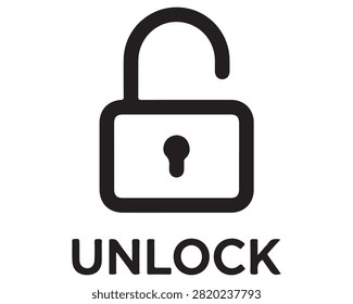 Black unlocked padlock icon with unlock text label security authorized unlocked interface encryption isolated permission