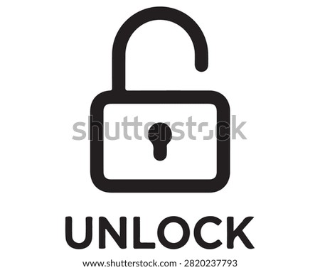 Black unlocked padlock icon with unlock text label security authorized unlocked interface encryption isolated permission