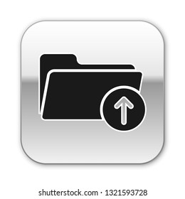 Black upload arrow with folder icon isolated on white background. Silver square button. Vector Illustration