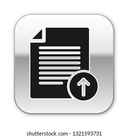 Black Upload file icon isolated on white background. File document symbol. Document arrow. Silver square button. Vector Illustration