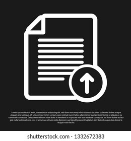Black Upload file icon isolated on black background. File document symbol. Document arrow. Vector Illustration
