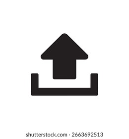 Das schwarze Upload-Symbol enthält einen Pfeil, der von einem Tray aus nach oben zeigt und auf einem sauberen, weißen Hintergrund dargestellt wird. Perfekt für die Symbolisierung der Datenübertragung.