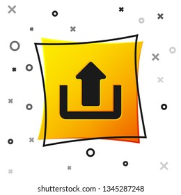 Black Upload icon isolated on white background. Up arrow. Yellow square button. Vector Illustration