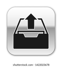 Black Upload inbox icon isolated on white background. Extract files from archive. Silver square button. Vector Illustration