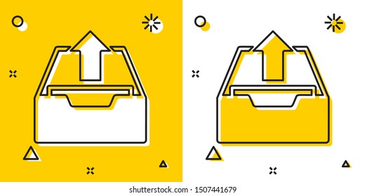Black Upload inbox icon isolated on yellow and white background. Extract files from archive. Random dynamic shapes. Vector Illustration