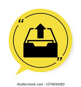 Black Upload inbox icon isolated on white background. Extract files from archive. Yellow speech bubble symbol. Vector Illustration