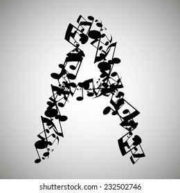 Black Uppercase letter - A. Notes alphabet. Vector pic.