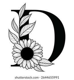 A black uppercase letter D is adorned with a detailed line drawing of a daisy and leaves. The style is black and white with intricate linework creating a botanical feel.
