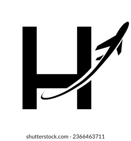 Black Uppercase Letter H Icon with an Airplane on a White Background