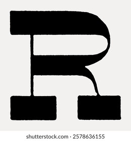 Black uppercase letter 'R' in a bold, serif font on a light background. The letter 'R' features distinct thick and thin strokes, creating a classic serif look. Vintage black font isolated, vector.