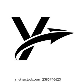 Black Uppercase Letter Y Icon with an Arrow on a White Background