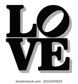 Letras de AMOR maiúsculas pretas com uma sombra de gota cinza em um fundo branco design gráfico simples