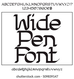 Black uppercase and lowercase letters and numbers. Wide pen font. Isolated english alphabet with figures.