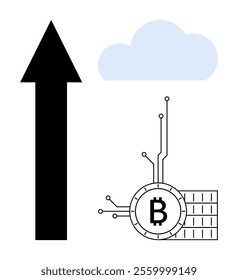 Black upward arrow beside cloud and Bitcoin symbol with circuit board connections. Ideal for crypto finance blockchain technology cloud computing market growth digital economy