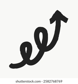 Black upward arrow with a curly tail on a white background. The arrow, bold and dynamic, symbolizes growth and progress. Curly arrow design, bold and simple. Black doodle arrow illustration vector.