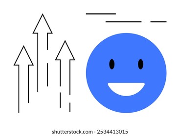 Black upward arrows beside a blue smiling face. Ideal for themes of growth happiness positivity success and progress. Simple and minimalist style emphasizes clear and positive messages