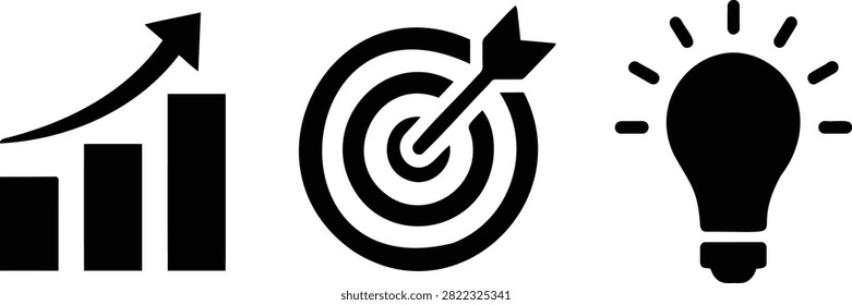 Black upward bar graph, target with arrow, light bulb on white background, bar chart growth